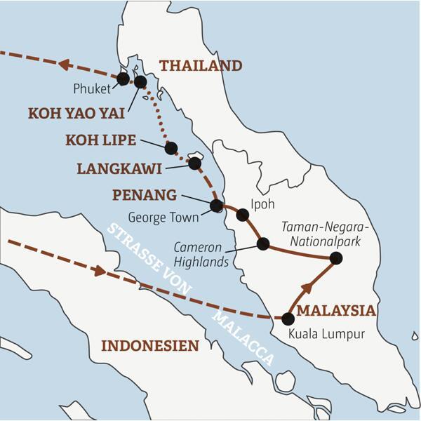 Die Rundreise Malaysia - Thailand  mit YOUNG LINE führt uns von Kuala Lumpur über den Taman-Negara-Nationapark bis George Town, und anschließend hüpfen wir von Insel zu Insel weiter bis Phuket.