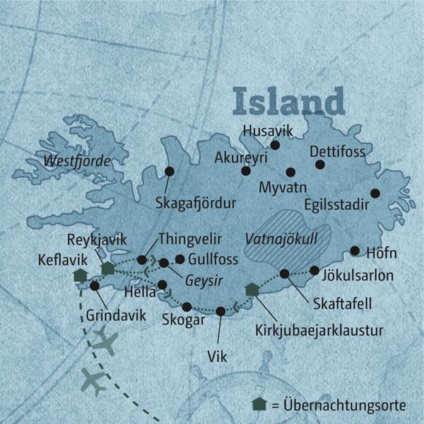 Diese Karte zeigt den Verlauf der individuellen Mietwagenreise an Islands Südküste: Reykjavik, Golden Circle, Vik, Kirkjubaejarklaustur, Jökulsarlon, Keflavik.