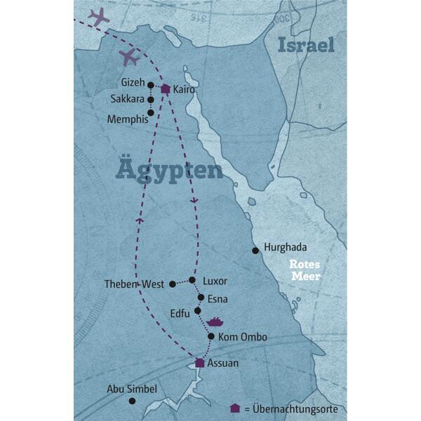 Ihre Reiseroute führt von Kairo über Luxor auf dem Nil nach Assuan.