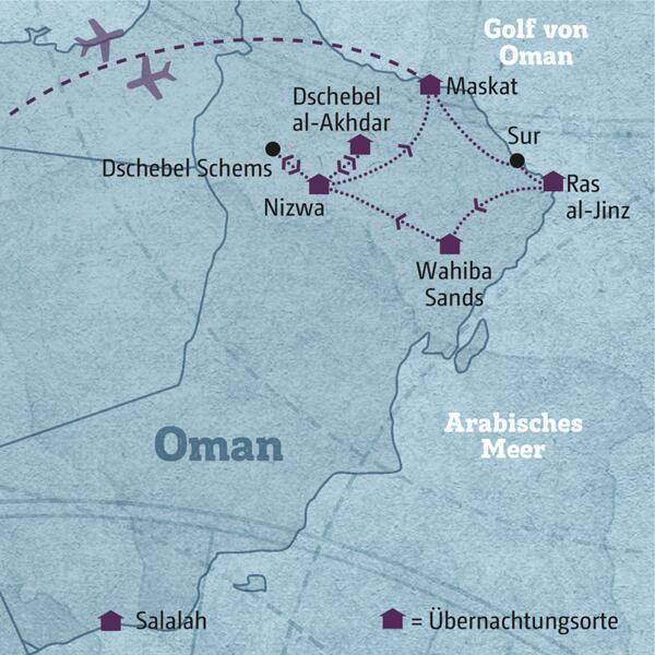 Auf dieser individuellen Rundreise erleben Sie den faszinierenden Oman: Wadis, Oasen und die Wüste. Sie übernachten im Wüstencamp und erkunden alte Burgen, atemberaubende Schluchten und genießen die orientalische Küche!