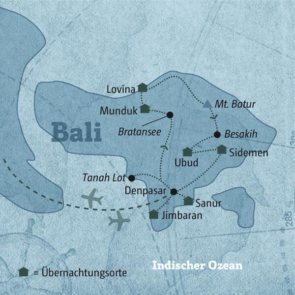 Ihre Reiseroute durch Bali führt Sie zu den wichtigsten Tempeln wie Pura Besakih und Tanah Lot, zu den malerischen Reisterrassen und den traumhaften Stränden.