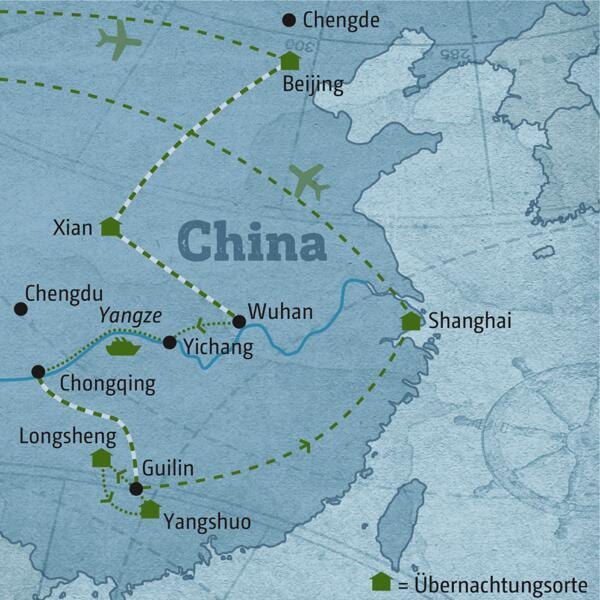 Reisekarte der individuellen Marco Polo Reise China - Megastädte und Flusslandschaften.