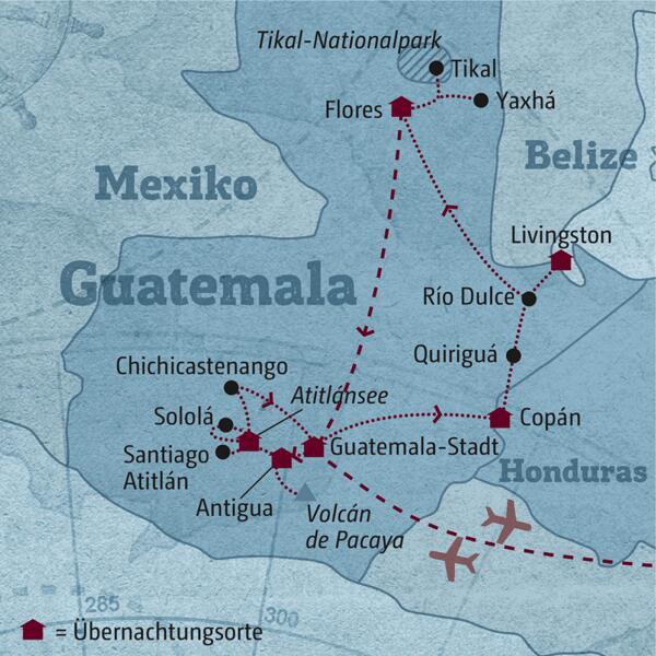 Diese individuelle Rundreise durch Guatemala führt Sie von Antigua über den Atitlánsee nach Copán in Honduras und weiter über Livingston nach Flores.