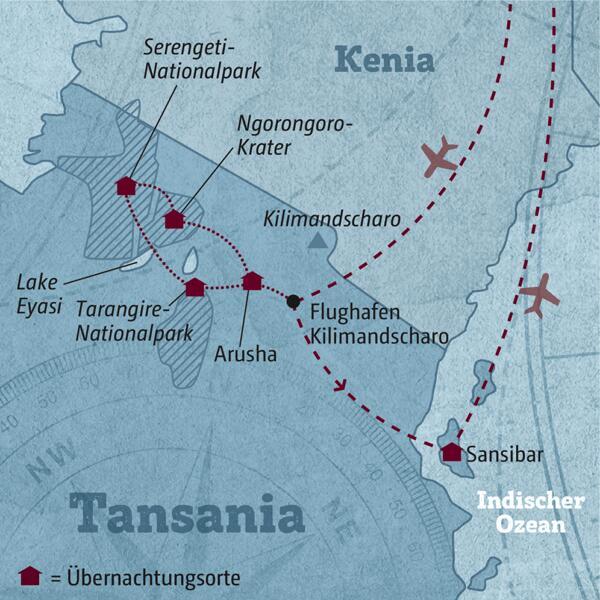Ihre individuelle Reiseroute durch Tansania startet in Arusha und führt über den Tarangire-Nationalpark, in die Serengeti und den Ngorongoro-Krater bis nach Sansibar.
