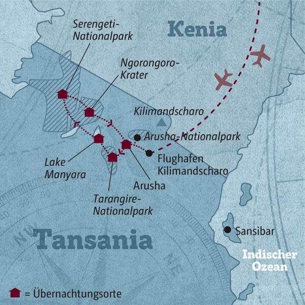 Ihre Reiseroute durch Tansania startet in Arusha und führt über den Tarangire-Nationalpark und den Lake Manyara in die Serengeti, in den Ngorongoro-Krater und wieder zurück nach Arusha.