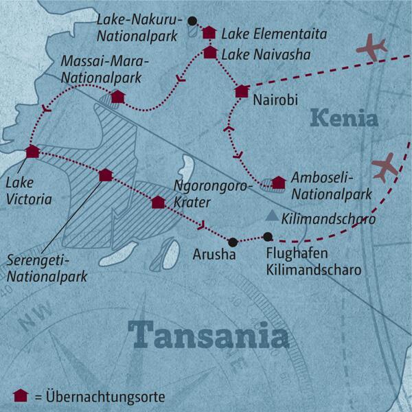 Ihre Reiseroute durch Kenia und Tansania startet in Nairobi und führt über den Amboseli-Nationalpark, die Massai Mara, den Lake Victoria, die Serengeti und den Ngorongoro-Krater nach Arusha.