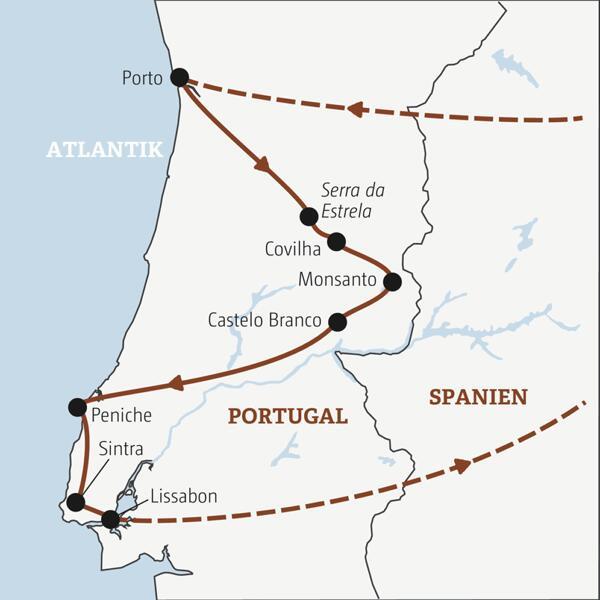 Die Rundreise mit YOUNG LINE durch Portugal führt dich von Porto nach Covilha, Monsanto, Castelo Branco, Peniche, Sintra und Lissabon.