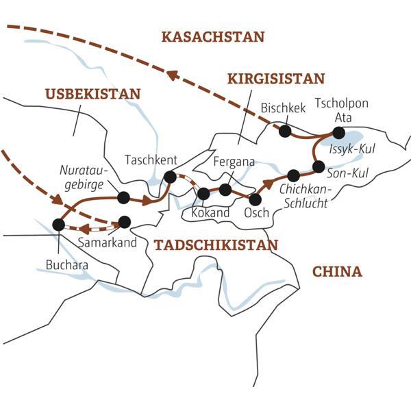 Deine Rundreise mit YOUNG LINE durch Usbekistan und Kirgisistan führt dich von Samarkand über Buchara, Taschkent und das Ferganatal zu den Seen Son-Kul und Issyk-Kul und nach Bischkek.