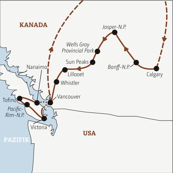 Die Rundreise mit YOUNG LINE nach Kanada führt von Calgary durch die Rocky Mountains über die Nationalparks Banff und Jasper bis an den Pazifik nach Vancouver Island.