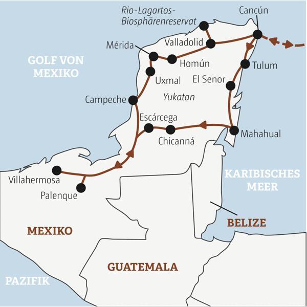 Die Rundreise mit YOUNG LINE durch Mexiko führt dich von Cancún nach Tulum, Chicanna, Palenque, Uxmal und ins Rio-Lagartos-Biosphärenreservat.