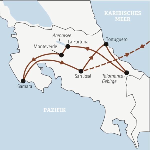Die Rundreise mit YOUNG LINE durch Costa Rica führt dich von San José nach Tortuguero, ins Talamanca-Gebirge, nach La Fortuna,  Monteverde, Rincón de la Vieja bis nach Samara.