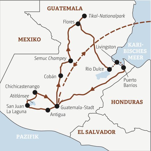 Die Rundreise mit YOUNG LINE durch Guatemala führt dich von Guatemala-Stadt zum Atitlánsee, nach Cobán, Flores, zum Tikal-Nationalpark, nach Livingstone und Puerto Barrios.