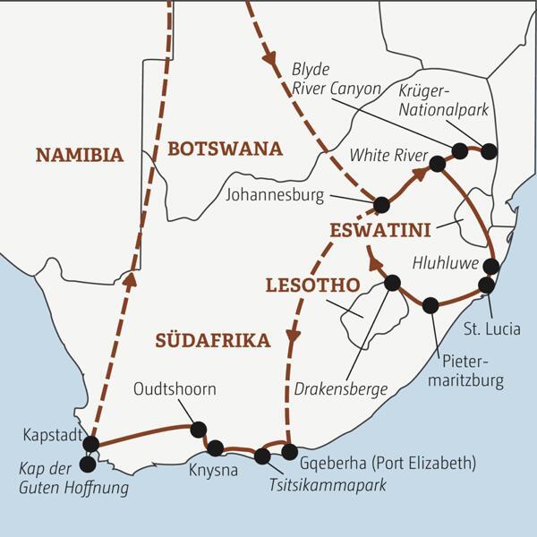 Die Rundreise mit YOUNG LINE durch Südafrika führt dich von Johannesburg in den Krüger-Nationalpark, nach Eswatini, in die Drakensberge, nach Knysna und Kapstadt.