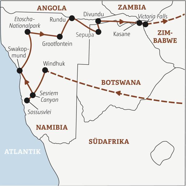 Die Rundreise mit YOUNG LINE durch Namibia und Botswana führt von Windhuk über die Kalahari nach Gobabis und weiter über das Okavangodelta und den Chobepark nach Victoria Falls.