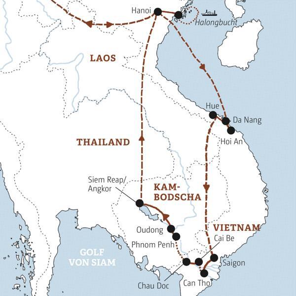 Ihre Rundreise durch Vietnam und Kambodscha führt Sie in die Halongbucht, nach Hoi An, Hue und Saigon und weiter ins Mekongdelta, nach Phnom Penh und Angkor Wat.
