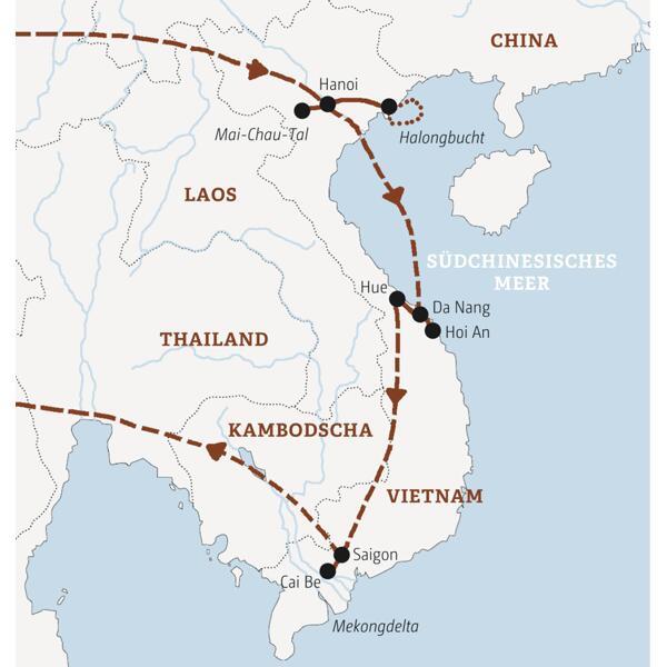Die Rundreise in der Mini-Gruppe durch Vietnam führt Sie von Hanoi in die Halongbucht und weiter über Hoi An und Hue nach Saigon.