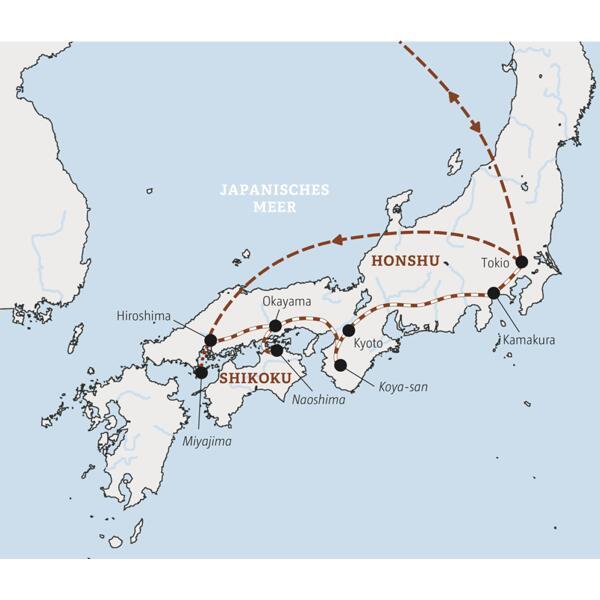 Die Route dieser Japanreise in der Marco Polo Mini-Gruppe führt von Hiroshima über Okayama, die Kunstinsel Naoshima und Kyoto bis nach Tokio.