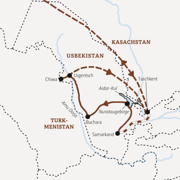 Die Karte zeigt den Verlauf unserer Marco Polo Usbekistan-Rundreise in kleiner Gruppe: Taschkent, Samarkand, Nurataugebirge, Buchara, Chiwa und Urgentsch.