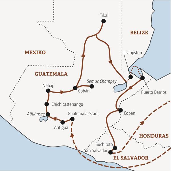 Die Reise mit Marco Polo in der Mini-Gruppe durch Guatemala und El Salvador führt Sie von Guatemala-Stadt über Antigua, den Atitlánsee, Cobán und Tikal an die Karibikküste nach Livingston. Weiter geht es mit einem Abstecher nach Copán in Honduras nach Suchitoto in El Salvador.