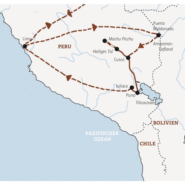 Die Reiseroute der Marco Polo Mini-Gruppen-Reise durch Peru: von Lima ins Amazonas-Tiefland, dann nach Cusco und Machu Picchu und weiter zum Titicacasee.