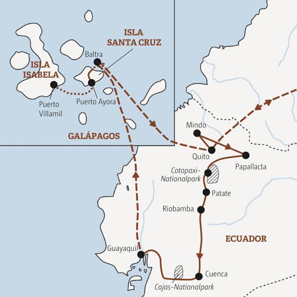 Unsere Marco Polo Reise durch Ecuador in der Mini-Gruppe führt von Quito nach Mindo und Papallacta, über die Straße der Vulkane zum Cotopaxi-Nationalpark, weiter über Patate und Riobamba nach Cuenca und zum Finale von Guayaquil auf die Galápagos-Inseln Santa Cruz und Isabela.