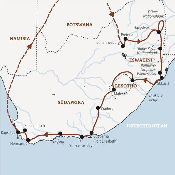 Diese Rundreise führt Sie von Johannesburg zum Krügerpark, nach Eswatini und in die Drakensberge nach Lesotho und weiter über die Gartenroute nach Knysna und Kapstadt.