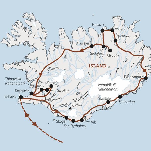 Unsere Marco Polo Rundreise nach Island führt rund um die Insel - von der Südküste über den Vatnajökull-Nationalpark und die Ostfjorde nach Asbyrgi, Husavik und Akureyri. Am Ende geht es zurück nach Reykjavik und zum Golden Circle.