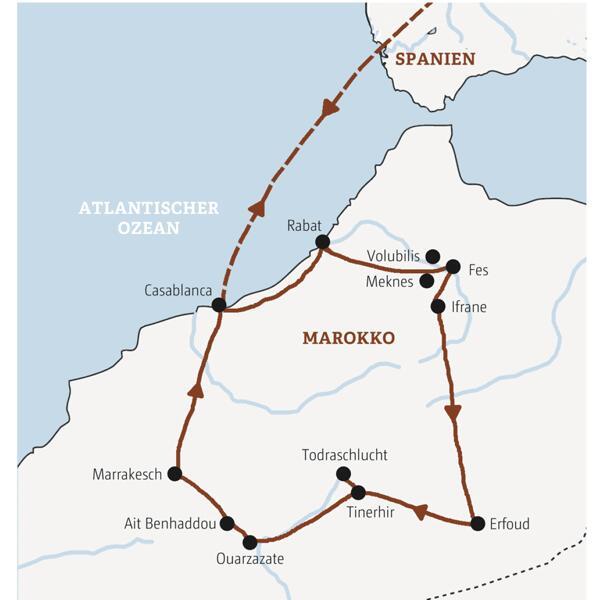 Karte von Marokko mit eingezeichnetem Reiseverlauf der Marco Polo Entdeckerreise