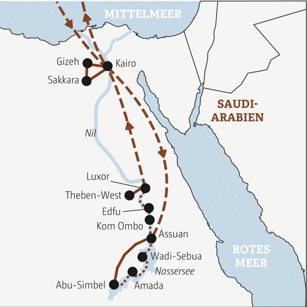 Reisekarte der Marco Polo Mini-Gruppen-Reise Ägypten mit den wichtigsten Stationen der Reise.
