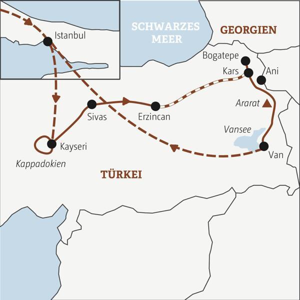 Die Rundreise mit YOUNG LINE TRAVEL durch die Türkei führt dich von Istanbul über Kappadokien, Sivas, Erzincan und Kars bis zum Vansee im Osten des Landes.