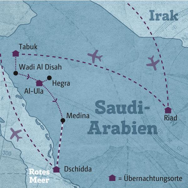 Auf Ihrer individuellen Reise durch Saudi-Arabien reisen Sie von Riad über Tabuk nach Al-Ula, weiter nach Medina und Dschidda.