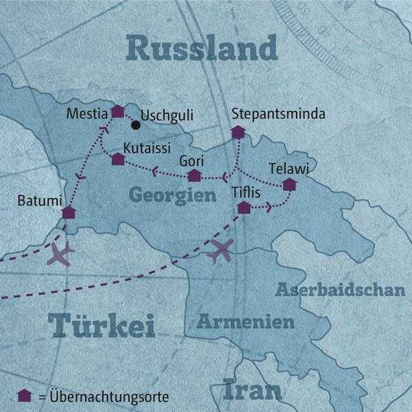 Diese individuelle Rundreise durch Georgien führt Sie von Tiflis nach Telawi und dann weiter über Stepantsminda, Kutaissi und Mestia nach Batumi.