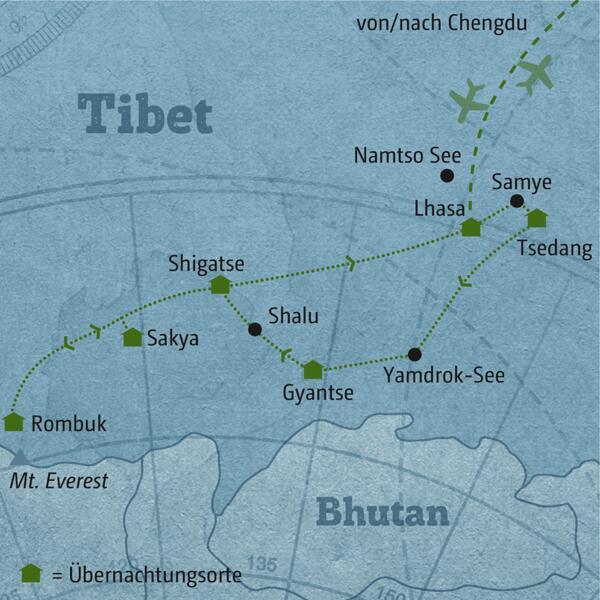 Ihre individuelle Rundreise durch Tibet führt Sie von Lhasa über Tsedang, Gyantse, Shigatse und Sakya bis nach Rombuk.