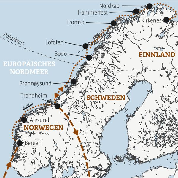 Karte der Hurtigruten Reise mit eingezeichnetem Verlauf der Marco Polo Reise