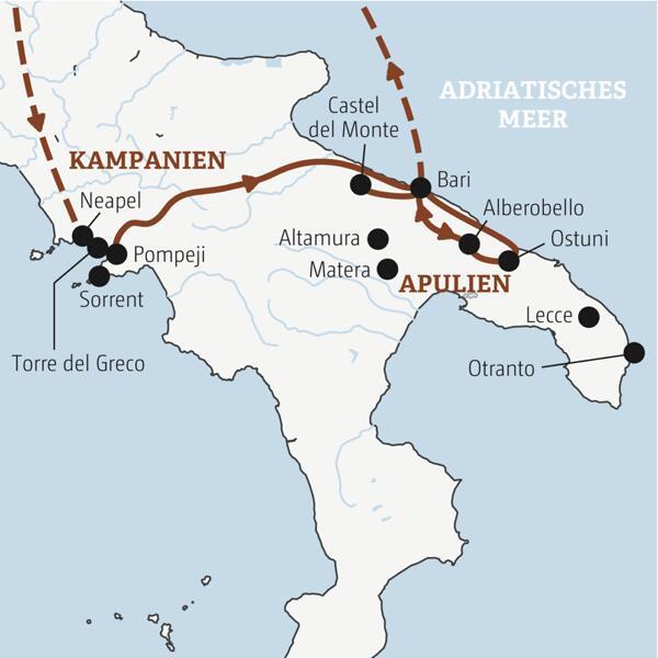 Reisekarte der Marco Polo Entdeckerreise Apulien.