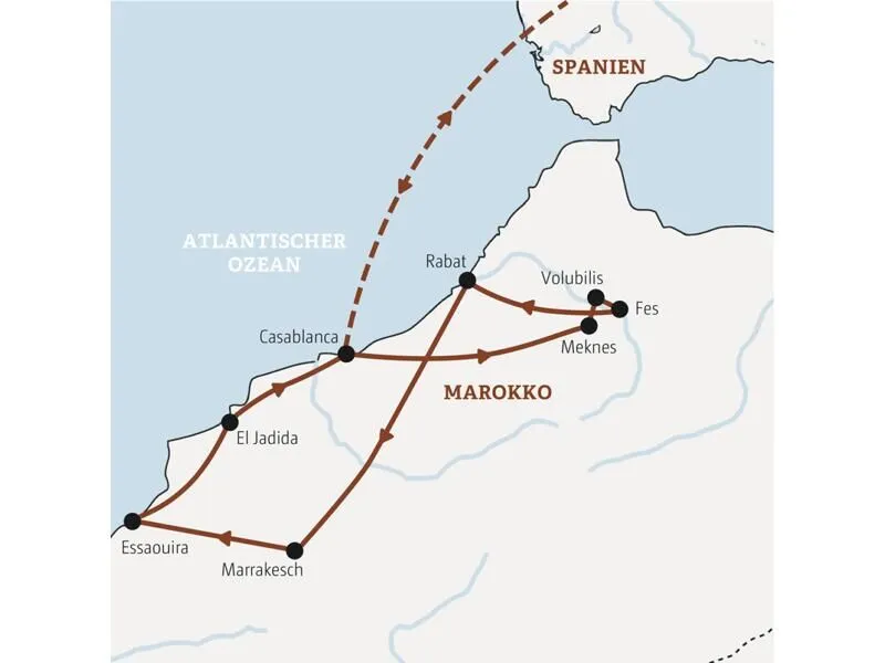 Eine Routenkarte von der Top-Preis Rundreise "Marokko – Königsstädte und Atlantikküste".