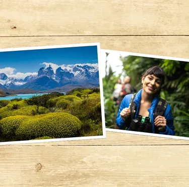 Eine Bildkollage mit einem Hintergrund in Holzoptik und zwei Urlaubsfotos von einer imposanten Berglandschaft in Patagonien in Chile sowie eine lachende junge Frau mit Rucksack.