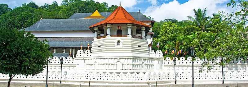Zahntempel in Kandy mit weißer Fassade und rotem Dach und auffälligen Zierelementen vor üppigem Grün.

