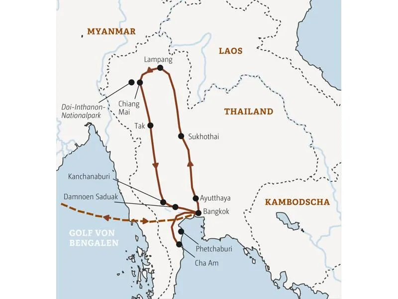 Eine Routenkarte von der Top-Preis Rundreise "Thailand – Highlights im Norden und Strandvergnügen".