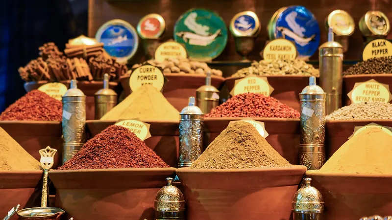 Verschiedene Gewürzhaufen in Tonbehältern mit Metallschildern und Dosen auf einem Gewürzmarkt in Istanbul.