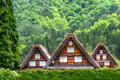Drei traditionelle Holzhäuser mit markanten, steilen Strohdächern im Bergdorf Shirakawa-go, umgeben von grünen Wäldern.