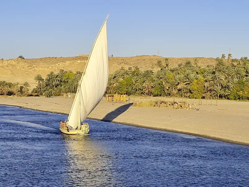 Eine Feluke, ein traditionelles ägyptisches Segelboot, segelt unter vollen Segeln auf dem blauen Nil - genauso wie wir auf unserer Marco Polo Mini-Gruppen-Reise.