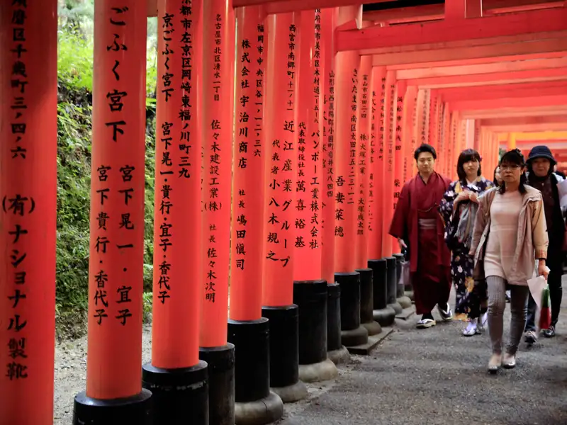 Auf Ihrer Rundreise durch Japan kommen Sie auch nach Kyoto - wie wäre es am freien Nachmittag mit einem Besuch des berühmten Fushimi-Inari-Schreins - bekannt für seine Alleen aus roten Toriis.