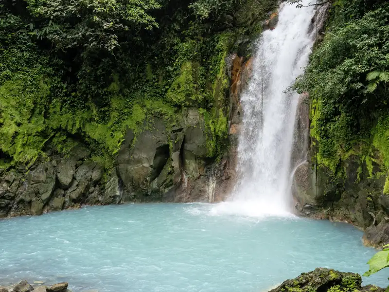 Auf Ihrer individuellen Rundreise durch Costa Rica wandern Sie im Regenwald, wo sich imTenorio-Nationalpark zwei Bäche farbenfroh zum Río Celeste vereinen.