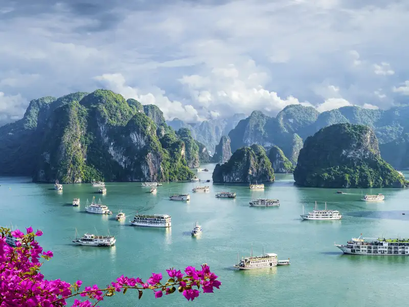 Auf dieser Rundreise durch Vietnam steht auch eine Dschunkenkreuzfahrt in der Halongbucht auf dem Programm.