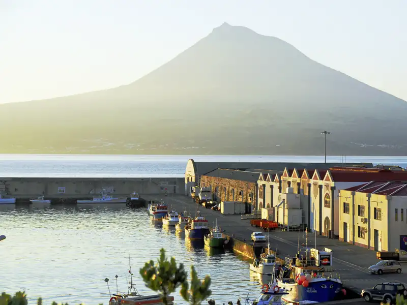Auf unserer YOUNG LINE TRAVEL Rundreise auf den Azoren genießen wir immer wieder wunderbare Ausblicke: hier der Blick vom Seglerhafen Horta auf den Vulkan Pico.