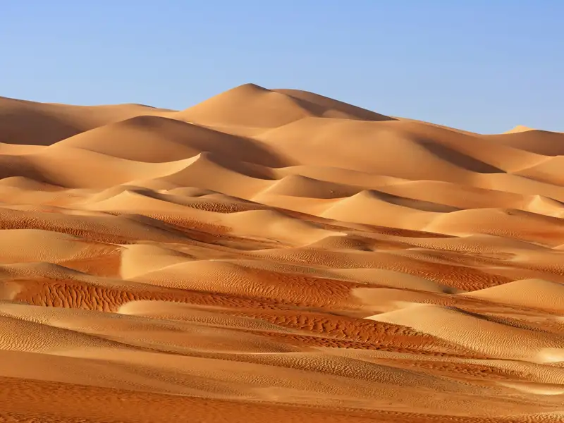 Auch in die Wahiba Sands führt unsere Marco Polo Reise in den Oman. Die Dünen liegen wie ein wellenreiches Meer vor uns. Wir übernachten in der Wüste!