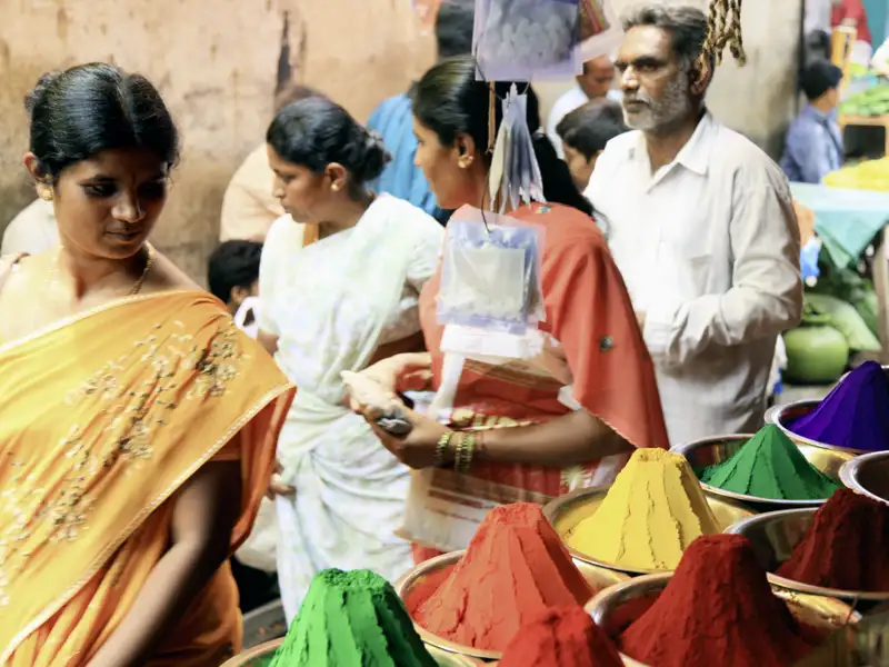 Auf unserer Reise durch Südindien erleben wir den indischen Alltag hautnah, indem wir zum Beispiel Märkte besuchen.