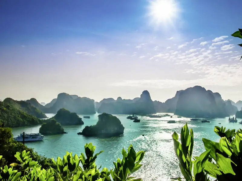 Auf unserer Rundreise mit Marco Polo durch Vietnam erkunden wir auf einer Dschunkenfahrt die Inselwelt der Halongbucht.