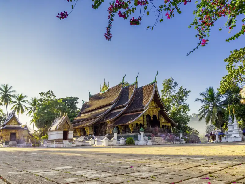 In Luang Prabang in Laos geht es zu den Tempeln der Altstadt: der Wat Xieng Thong mit seinem Riesenbuddha.